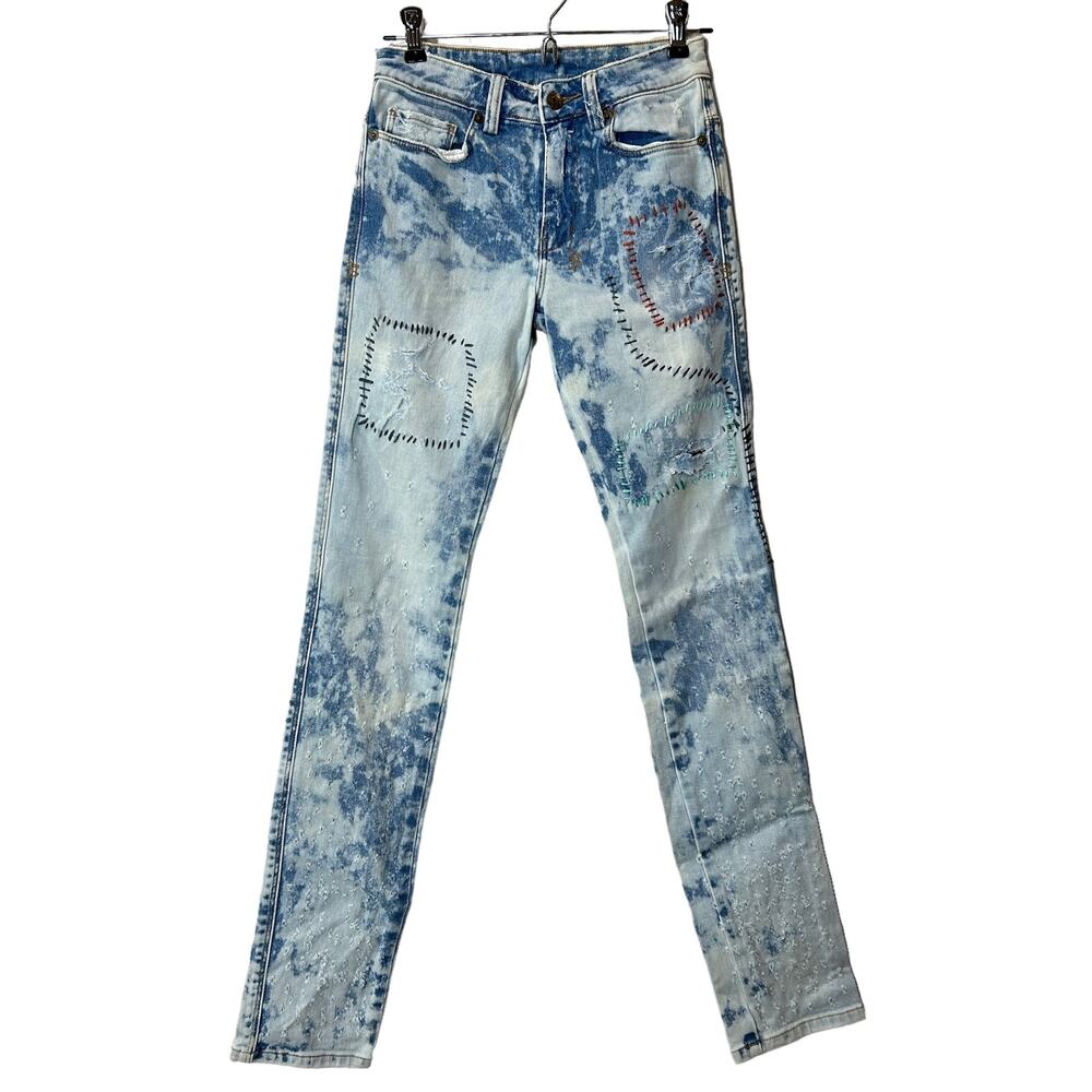New Ksubi High Times Distressed Mottled Jeans Blue Women's 24 NWT Embroidery